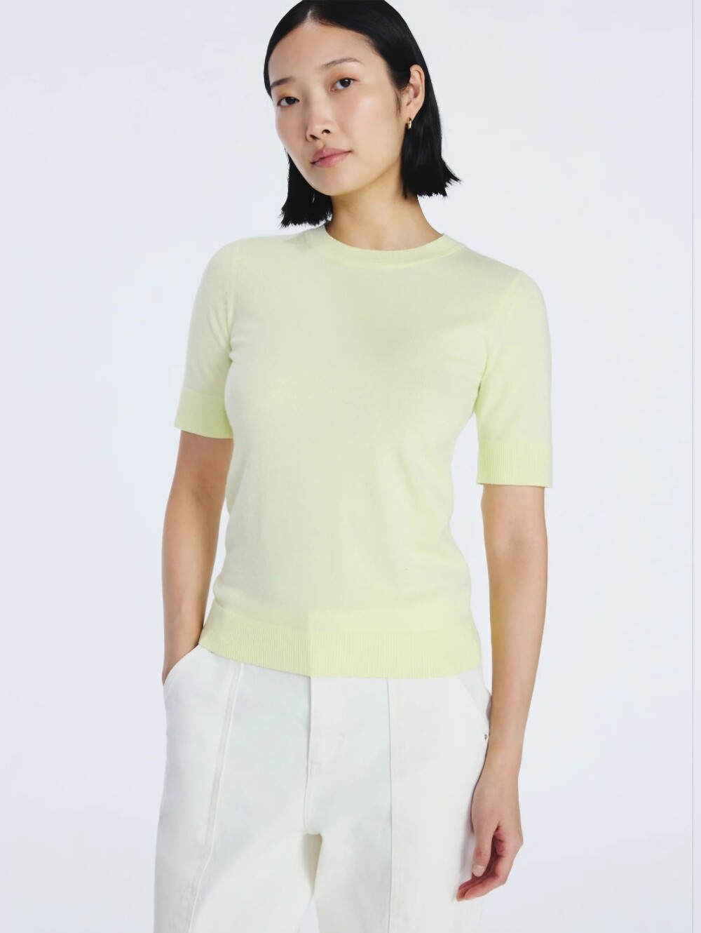 NWT Free Assembly Cozy Yarn Sweater Tee Yellow Light Ribbed Short Sleeve Pull